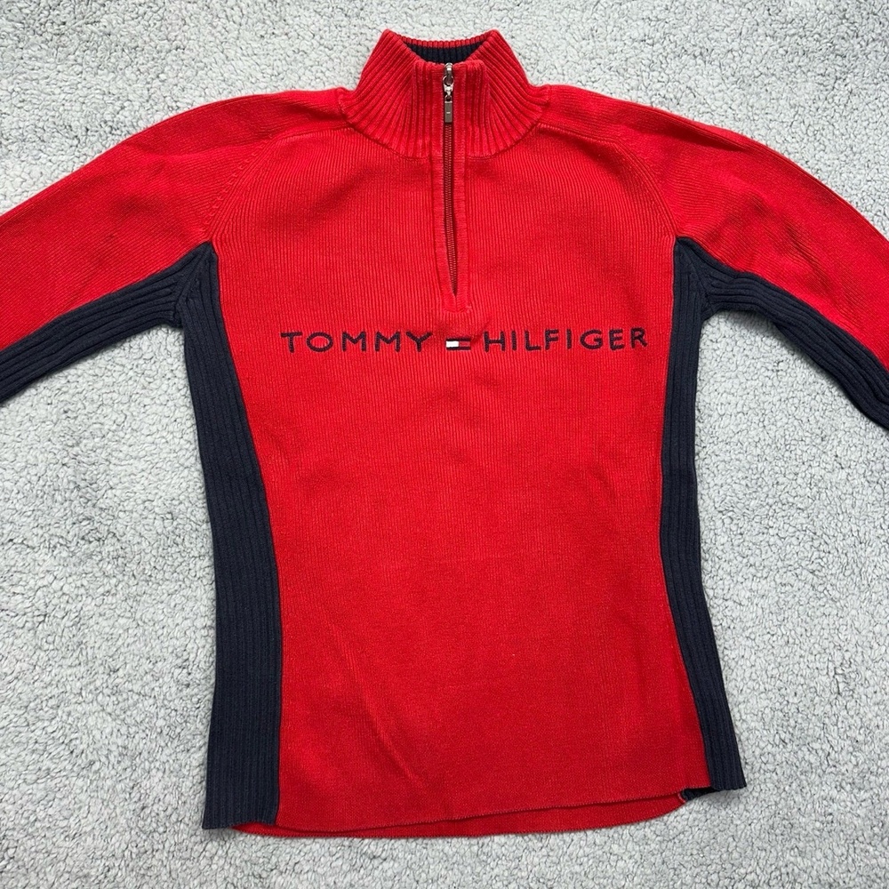 Tommy Hilfiger SOG-KSK 377991 Women's Size S 1/4 Zip Sweater Red Cotton Pullover